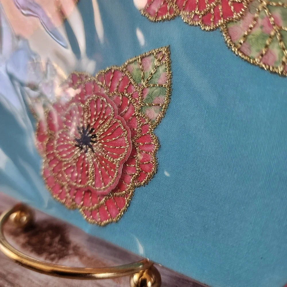 Papyrus Embroidered Pink Floral Card Gold Thread 3D Patches Blank Inside